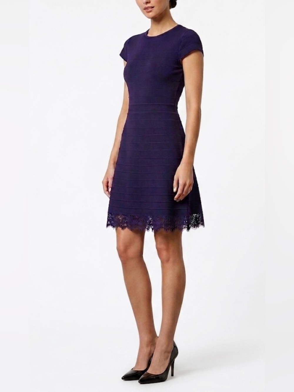 Karen Millen Deep Purple/Navy Ribbed Knit Lace-Trim Mini Dress Size 1 (XS)